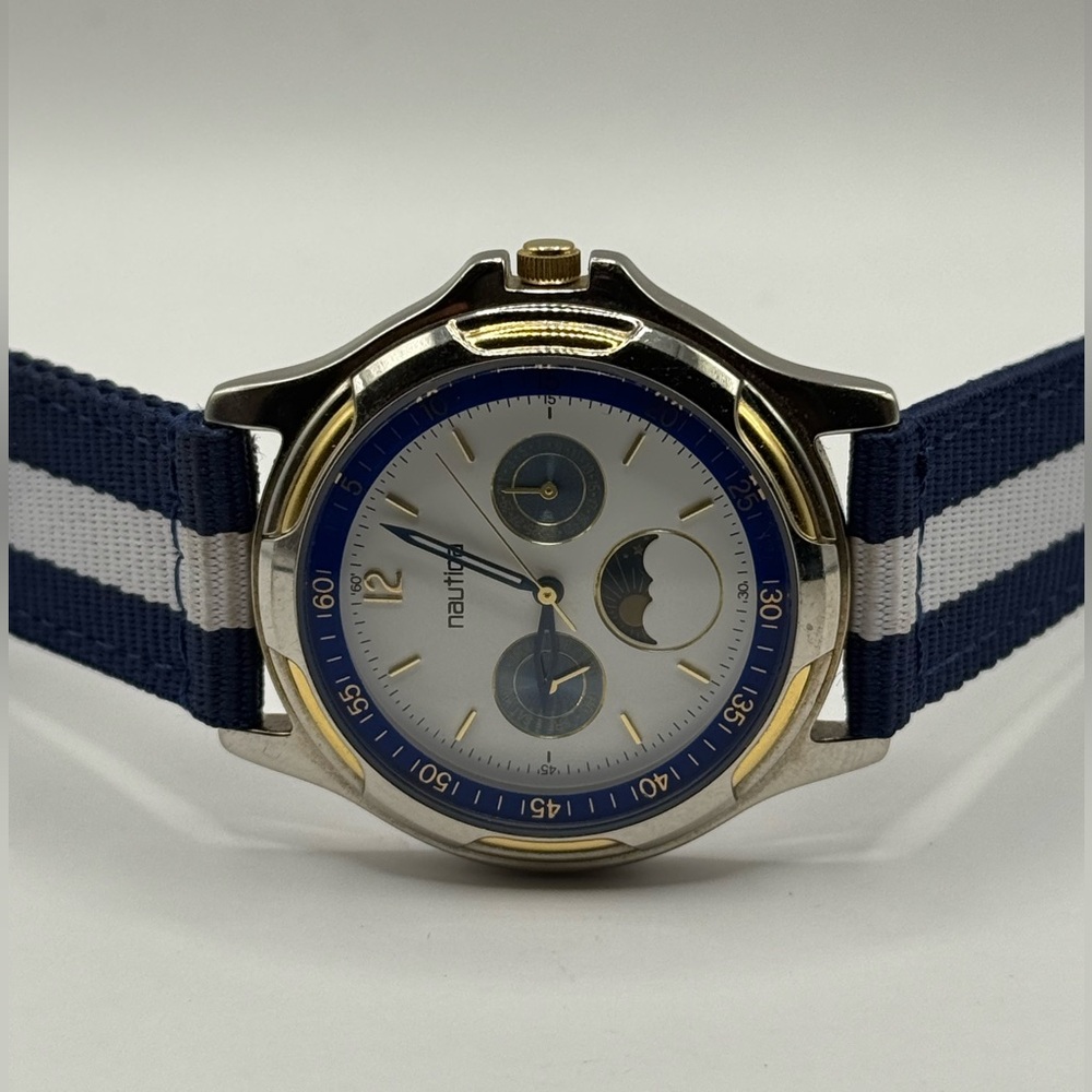 Nautica Vintage Moon Phase Watch 39mm Unisex Blue White Nylon Band (New Battery)